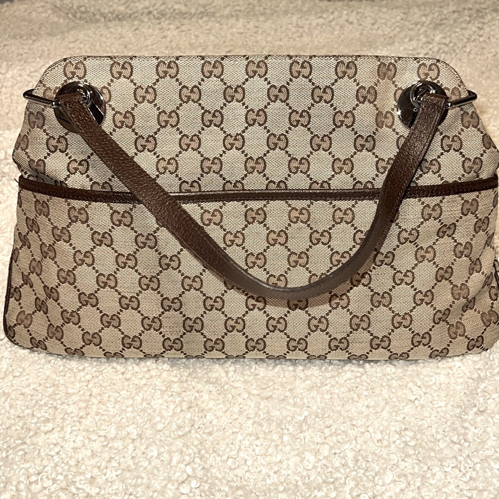 GUCCI GG ECLIPSE BROWN CANVAS SHOULDER TOTE with BROWN LEATHER TRIM
